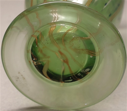 Hand Blown Art Glass Vase with Gold and Blue Accents - Applied Clear Foot - 7 Tall 4 1/4 Across Top 
