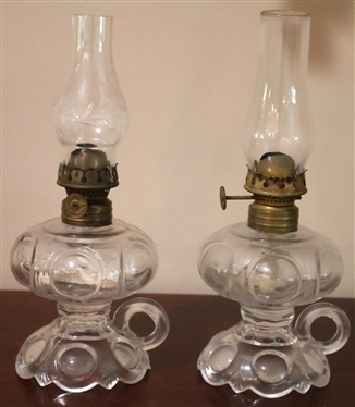 Pair of Bulls Eye Pattern Miniature Finger Oil Lamps - 4 1/2 Tall Not Including Chimney - One Has Beautiful Flower Etched Shade 