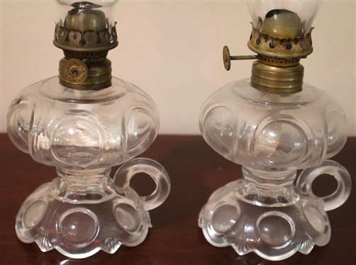 Pair of Bulls Eye Pattern Miniature Finger Oil Lamps - 4 1/2 Tall Not Including Chimney - One Has Beautiful Flower Etched Shade 