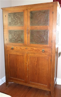 19th Century Piedmont Region 8 Tin Pie Safe - Hand Punched Tins with Star and Pinwheel Design - Paneled Sides and Bottom Doors - Hand Dovetailed Drawer - 68 Tall 43 By 18 