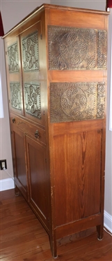 19th Century Piedmont Region 8 Tin Pie Safe - Hand Punched Tins with Star and Pinwheel Design - Paneled Sides and Bottom Doors - Hand Dovetailed Drawer - 68 Tall 43 By 18 