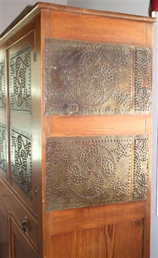 19th Century Piedmont Region 8 Tin Pie Safe - Hand Punched Tins with Star and Pinwheel Design - Paneled Sides and Bottom Doors - Hand Dovetailed Drawer - 68 Tall 43 By 18 