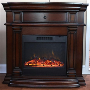 Nice Large Electric Fireplace Heater in Mahogany Finish Case - Drawer Over Fireplace Insert - Has Original Remote - 40 Tall 42 By 16 