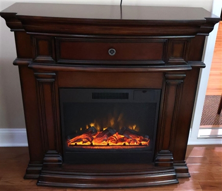 Nice Large Electric Fireplace Heater in Mahogany Finish Case - Drawer Over Fireplace Insert - Has Original Remote - 40 Tall 42 By 16 