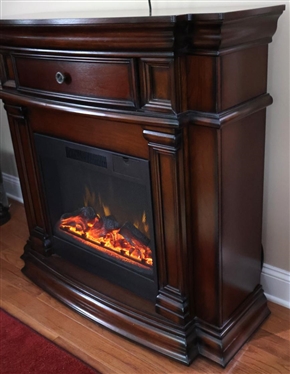 Nice Large Electric Fireplace Heater in Mahogany Finish Case - Drawer Over Fireplace Insert - Has Original Remote - 40 Tall 42 By 16 