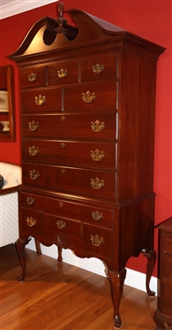Pennsylvania House Mahogany Highboy Chest - 12 Dovetailed Drawers - Attractive Brass Pulls - Queen Anne Style Legs - Broken Arch Pediment - Chest is 82 tall 38 by 18 