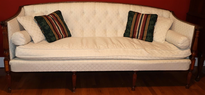 Beautiful Classical Style Inlaid Sofa By Cocheo Furniture Company - Inlaid Mahogany Frame - Off- White Upholstery with Down Cushion and Button Tufted Back - Nail head Trim - Sofa is 77 1/2 Long...