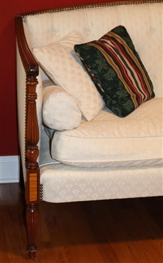 Beautiful Classical Style Inlaid Sofa By Cocheo Furniture Company - Inlaid Mahogany Frame - Off- White Upholstery with Down Cushion and Button Tufted Back - Nail head Trim - Sofa is 77 1/2 Long...