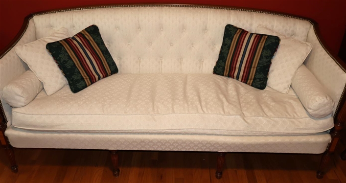 Beautiful Classical Style Inlaid Sofa By Cocheo Furniture Company - Inlaid Mahogany Frame - Off- White Upholstery with Down Cushion and Button Tufted Back - Nail head Trim - Sofa is 77 1/2 Long...
