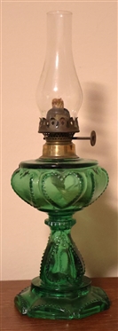 Miniature Green Oil Lamp EAPG Heart Pattern - Paneled Font and Base  - Lamp is 4 3/4 Tall to Burner 