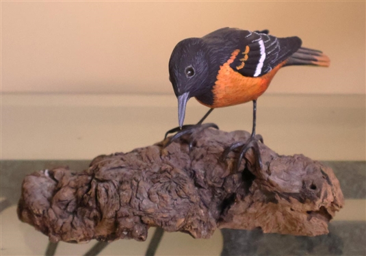 Hand Carved and Painted Wood Bird by B. Thrasher '83 - Bird and Base are 3 1/2 Tall 6 Long 