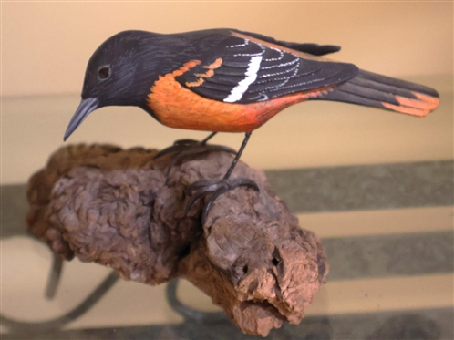 Hand Carved and Painted Wood Bird by B. Thrasher '83 - Bird and Base are 3 1/2 Tall 6 Long 