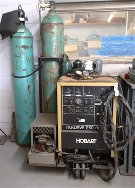 Hobart TIGWAVE 250 AC/DC Welder with Tweco TC900 - Model TC-900G - Horizontal Water Cooler - With Gauges, 2 Tanks - On Custom Rolling Cart