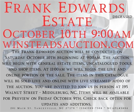 Saturday October 10th 9:00am - LIVE ONSITE Auction - Edwards Brothers Race Shop - Middleburg, NC - Pictures and Listing Represent a Small Portion of Items Being Sold - Absentee Bids Accepted 