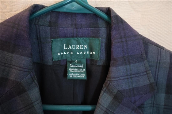 Lauren by Ralph Lauren Navy and Green Plaid Linen Blazer - Size 4