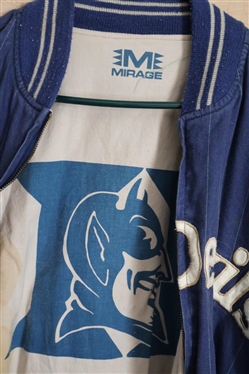 Vintage Mirage Duke Blue Devils Varsity Jacket - Reversible  - As Shown Blue Strip with Embordered Felt Duke and Patches - Flag and Baseball - Reverses to DUKE Logo - Some Staining on Interior