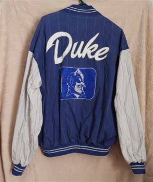 Vintage Mirage Duke Blue Devils Varsity Jacket - Reversible  - As Shown Blue Strip with Embordered Felt Duke and Patches - Flag and Baseball - Reverses to DUKE Logo - Some Staining on Interior