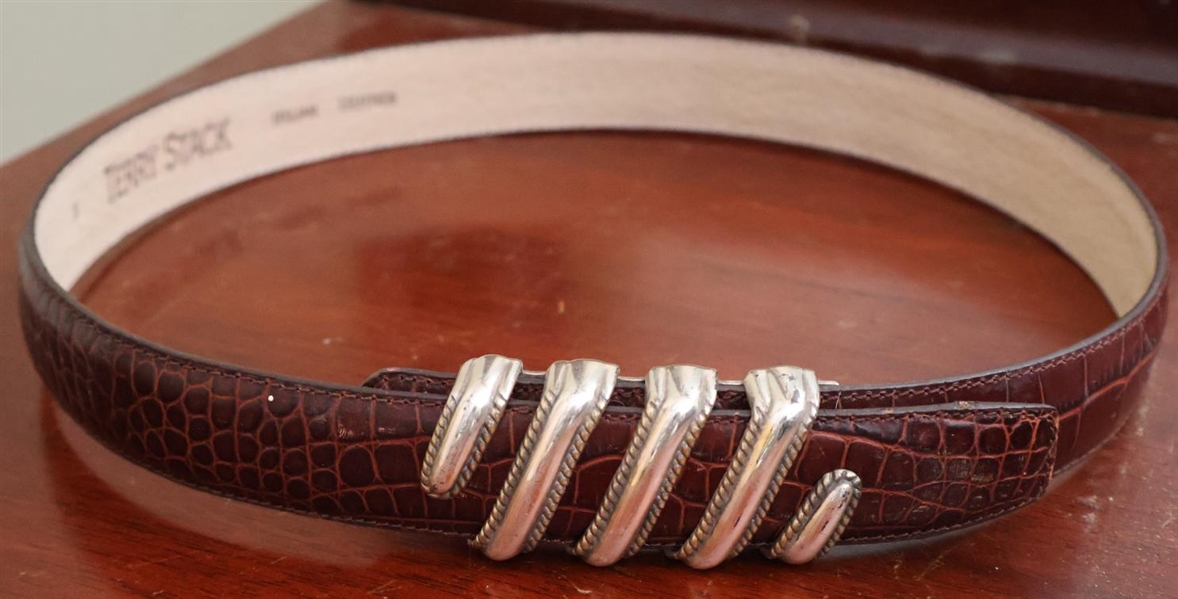 Terry Stack Italian Leather Belt with Velcro Closure - Sliding Silver Tone Buckle - Size Small 