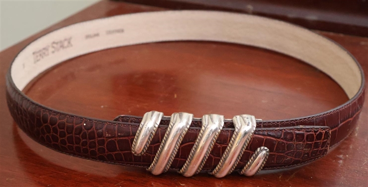 Terry Stack Italian Leather Belt with Velcro Closure - Sliding Silver Tone Buckle - Size Small 