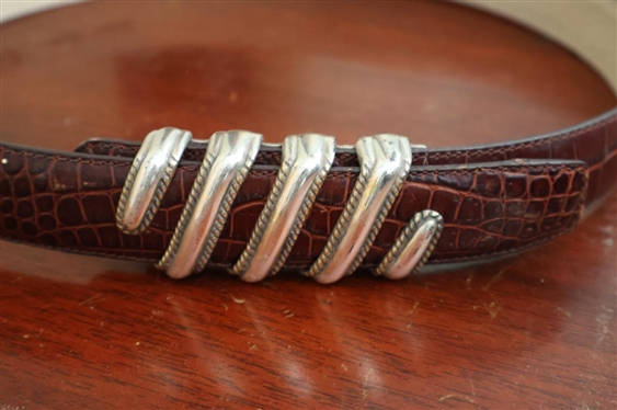 Terry Stack Italian Leather Belt with Velcro Closure - Sliding Silver Tone Buckle - Size Small 