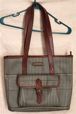 Polo Ralph Lauren  Glen Plaid Tote / Purse with Exterior Pocket - Brown Leather Straps 12 Tall 14  Wide 