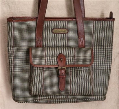 Polo Ralph Lauren  Glen Plaid Tote / Purse with Exterior Pocket - Brown Leather Straps 12 Tall 14  Wide 