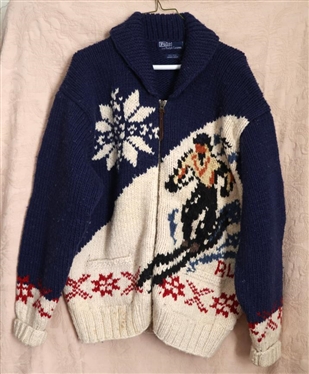 Polo Ralph Lauren Hand Knit Wool Cardigan with Snow Skier - Size Medium - Some Pilling and Small Area of Discoloration on Bottom