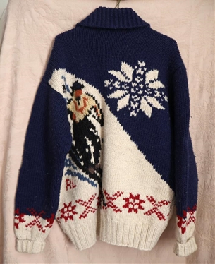 Polo Ralph Lauren Hand Knit Wool Cardigan with Snow Skier - Size Medium - Some Pilling and Small Area of Discoloration on Bottom