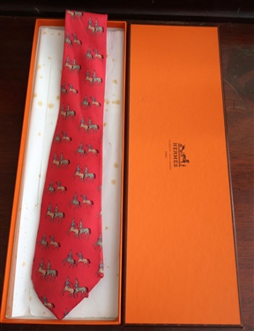 Hermes Silk Equestrian Pattern Tie - Pink Background with Original Hermes Orange Box 