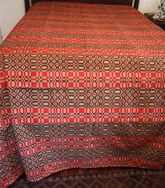 Exceptional 19th Century Hand Loomed 3 Piece Coverlet - Red, White, and Brown - 85 By 111 
