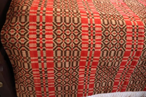 Exceptional 19th Century Hand Loomed 3 Piece Coverlet - Red, White, and Brown - 85 By 111 