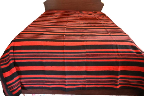 Handsome 3 Piece Handwoven Coverlet  - Black, Blue / Green, and Red - - 87 by 99 - Few Minor Holes and Tear / Fraying Near Top Edge