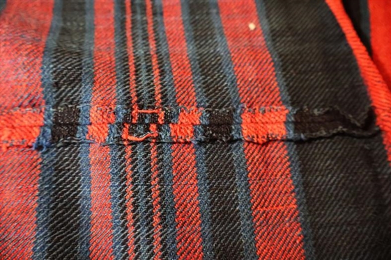 Handsome 3 Piece Handwoven Coverlet  - Black, Blue / Green, and Red - - 87 by 99 - Few Minor Holes and Tear / Fraying Near Top Edge
