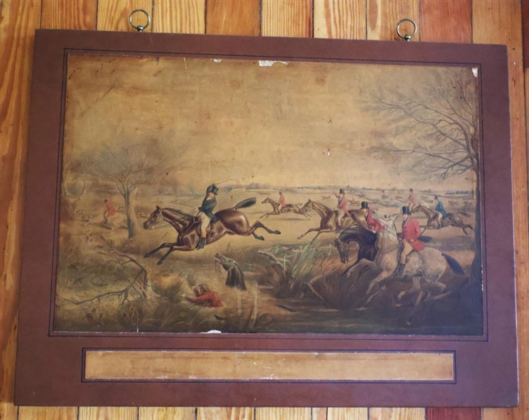 "The Brook" Fox Hunt Print on Canvas with Leather Wrapped Frame - Frame is 21 1/2" By 28 1/2" - Some Small Areas of Print Loss - See Photos