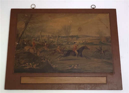 "Away" Fox Hunt Print on Canvas with Leather Wrapped Frame - Frame is 21 1/2" By 28 1/2" - Some Small Areas of Print Loss - See Photos