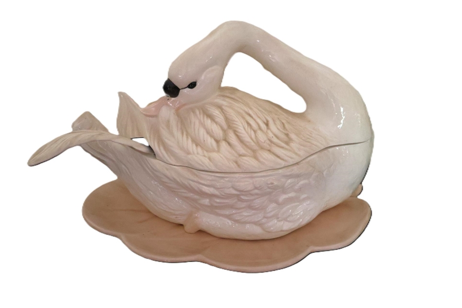 Hand Painted Ceramic Swan Tureen - with Ladle and Underplate - Wedding Gift in 1983 - Swan Measures 16" Long  By 9" Tall 