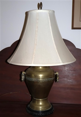 Antique Brass Samovar Lamp with Wood Base - Nice Shade - Lamp is 24" Tall 