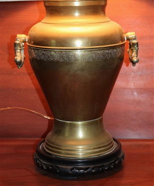 Antique Brass Samovar Lamp with Wood Base - Nice Shade - Lamp is 24 Tall 