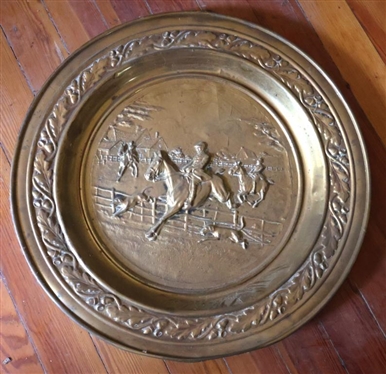 Large Embossed Brass Tray  / Plaque with Equestrian Fox Hunt Scene - Acorn and Oak Leaf Border - Large Tray is 23" Across