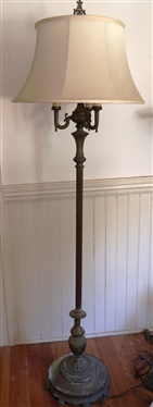 Ornate Brass Floor Lamp - 4 Light with Milk Glass Center Shade - Orange Folate Design on Base and Coordinating Finial - Lamp is 63" Tall - Broken Area Near Base - See Photo 