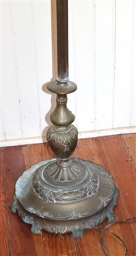Ornate Brass Floor Lamp - 4 Light with Milk Glass Center Shade - Orange Folate Design on Base and Coordinating Finial - Lamp is 63 Tall - Broken Area Near Base - See Photo 
