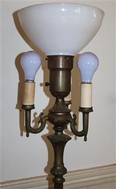 Ornate Brass Floor Lamp - 4 Light with Milk Glass Center Shade - Orange Folate Design on Base and Coordinating Finial - Lamp is 63 Tall - Broken Area Near Base - See Photo 