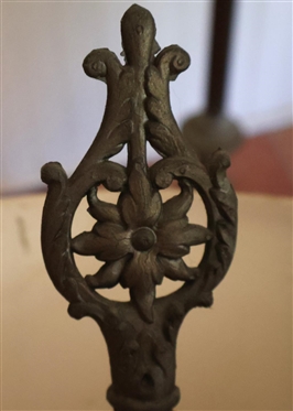 Ornate Brass Floor Lamp - 4 Light with Milk Glass Center Shade - Orange Folate Design on Base and Coordinating Finial - Lamp is 63 Tall - Broken Area Near Base - See Photo 