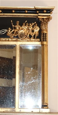 Late 19th Century Regency Style Giltwood and Gesso Over Mantle Mirror - Lion Drawn Chariot with Heralding Angels and Maidens  - Colum Pelsters with Folate Capitals - 3 Beveled Mirrors - Frame is 34...