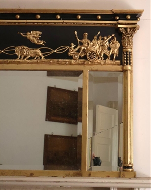 Late 19th Century Regency Style Giltwood and Gesso Over Mantle Mirror - Lion Drawn Chariot with Heralding Angels and Maidens  - Colum Pelsters with Folate Capitals - 3 Beveled Mirrors - Frame is 34...