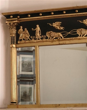 Late 19th Century Regency Style Giltwood and Gesso Over Mantle Mirror - Lion Drawn Chariot with Heralding Angels and Maidens  - Colum Pelsters with Folate Capitals - 3 Beveled Mirrors - Frame is 34...