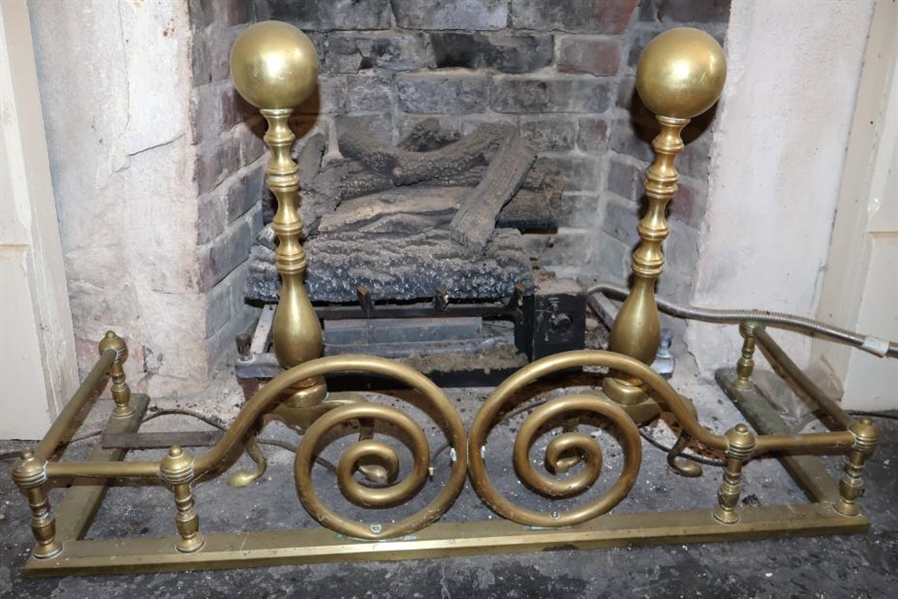 19th Century Brass Fire Set - Brass And Irons and Skirt - Irons are 21" tall Skirt is 36" Wide 