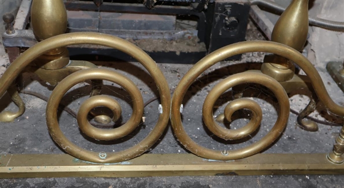 19th Century Brass Fire Set - Brass And Irons and Skirt - Irons are 21 tall Skirt is 36 Wide 