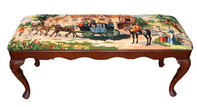 Bombay Mahogany Dressing Bench Covered with Royal Paris Needlepoint with Horse Drawn Carriage and Edwardian Village Scene - Incredibly Ornate Needlework - Bench is 18 Tall 42 By 14 