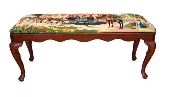 Bombay Mahogany Dressing Bench Covered with Royal Paris Needlepoint with Horse Drawn Carriage and Edwardian Village Scene - Incredibly Ornate Needlework - Bench is 18 Tall 42 By 14 